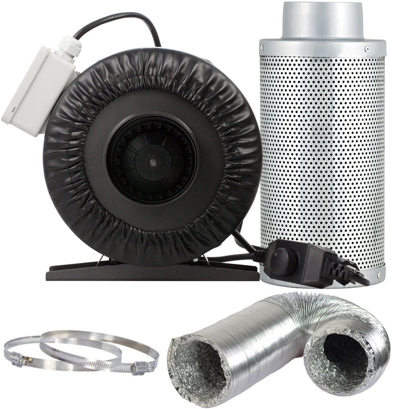 Climate Control Yield Lab 4 inch 190 CFM Duct Inline Fan with 4" Carbon Filter Ducting and Clamps with all components