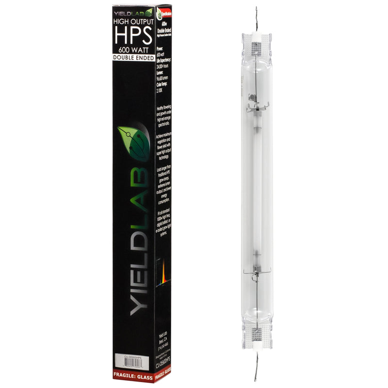 Yield Lab Double Ended 600w HPS Grow Light Bulb next to box 