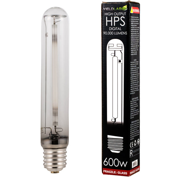 Grow Lights Yield Lab HPS 600w Lamp HID Bulb next to box