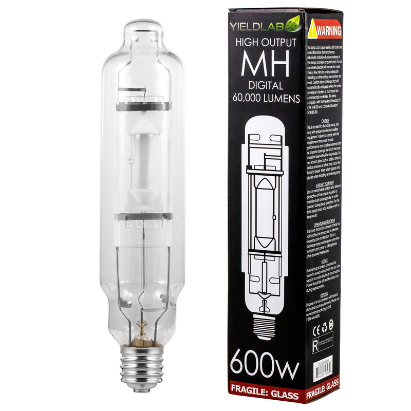 Grow Lights Yield Lab MH 600w Lamp HID Bulb next to box