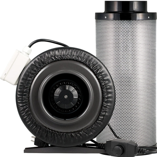Yield Lab 6 Inch 440 CFM Charcoal Filter and Duct Fan Combo Kit front of fan and filter