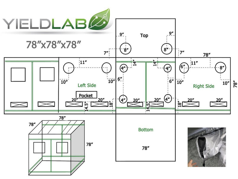Yield Lab 78” x 78” x 78” Reflective Grow Tent diagram