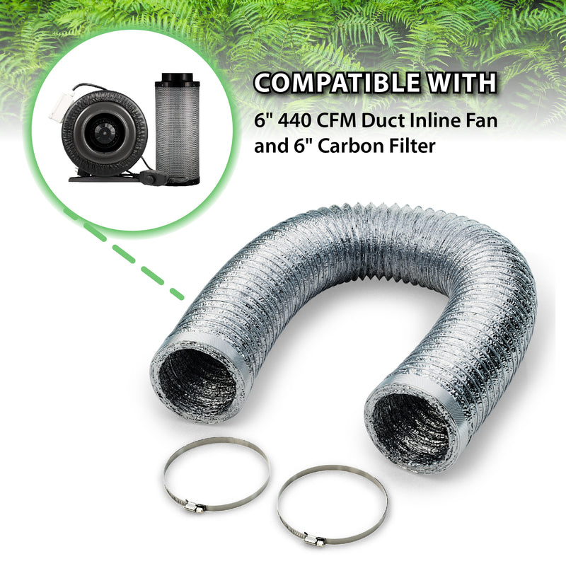 6 inch x 8 foot Insulated Foil Ducting Ventilation with Duct Clamps