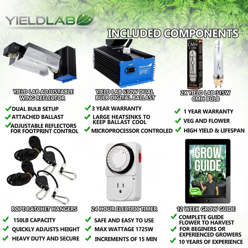 Yield Lab Professional Series 120/220v 630w Dual Bulb CMH Open Wing Complete Grow Light Kit included components