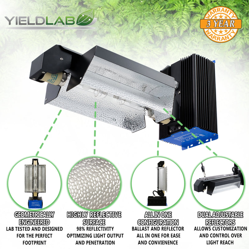 Yield Lab Professional Series 120/220v 630w Dual Bulb CMH Open Wing Complete Grow Light Kit features
