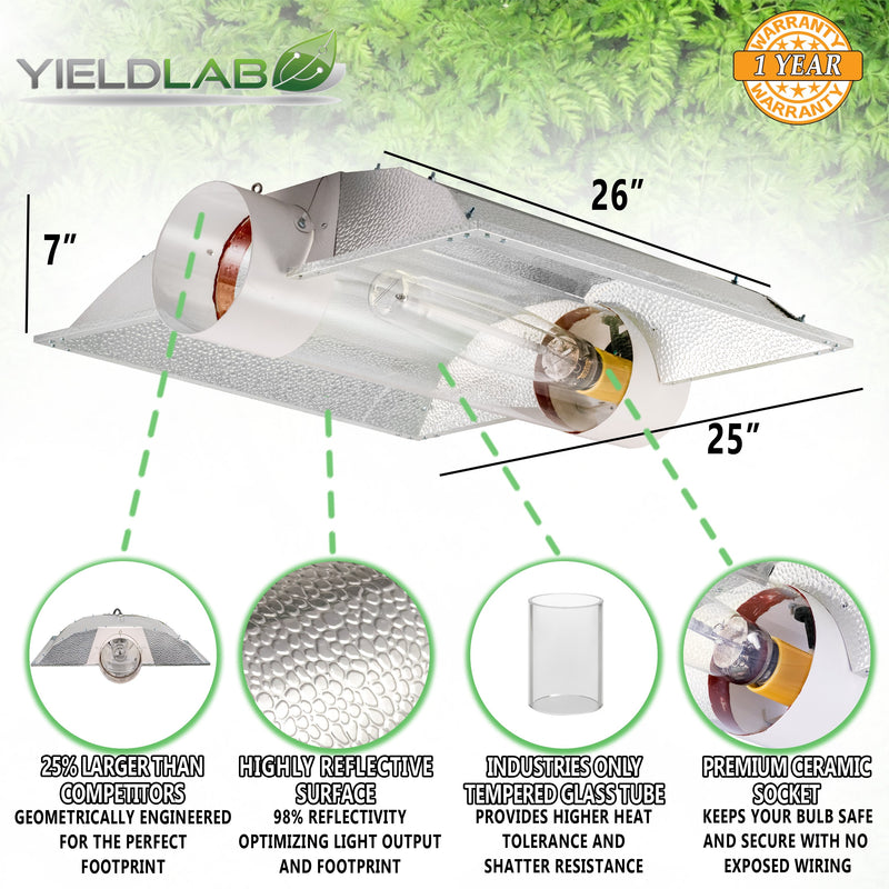 Yield Lab 600w HPS Cool Tube Hood Reflector Grow Light Kit reflector features
