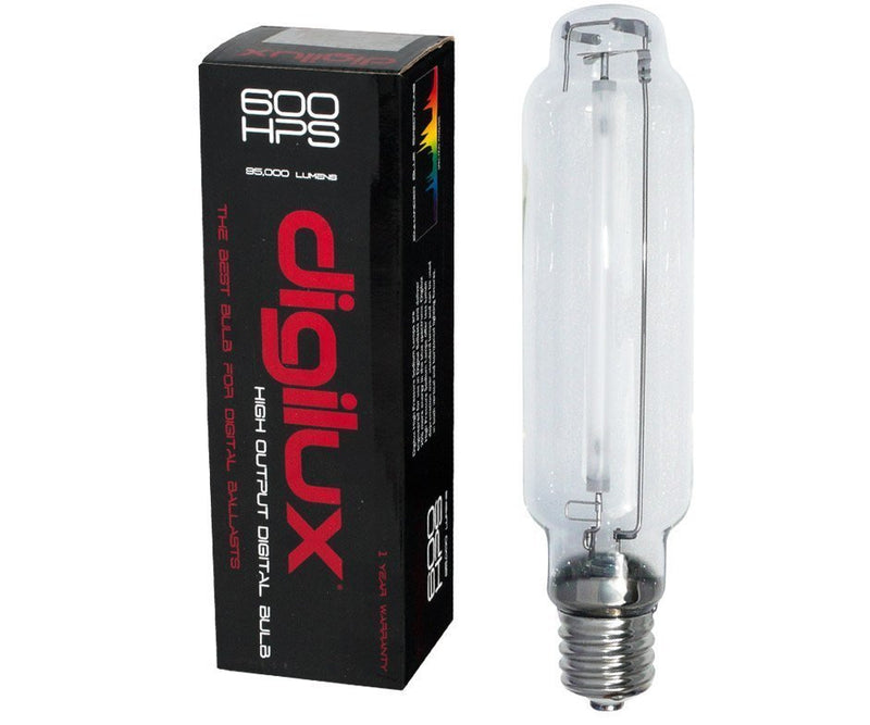 Grow Lights Digilux Digital High Pressure Sodium (HPS) Lamp, 600W, 2000K next to box
