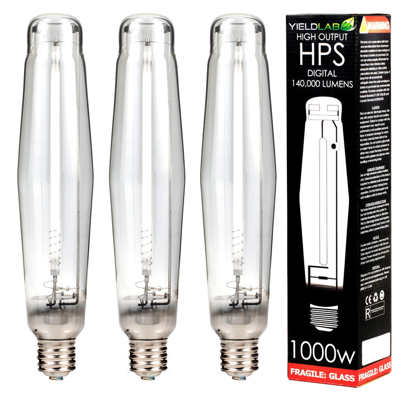 Grow Lights Yield Lab HPS 1000w Lamp HID Bulb (3 Pack) next to box