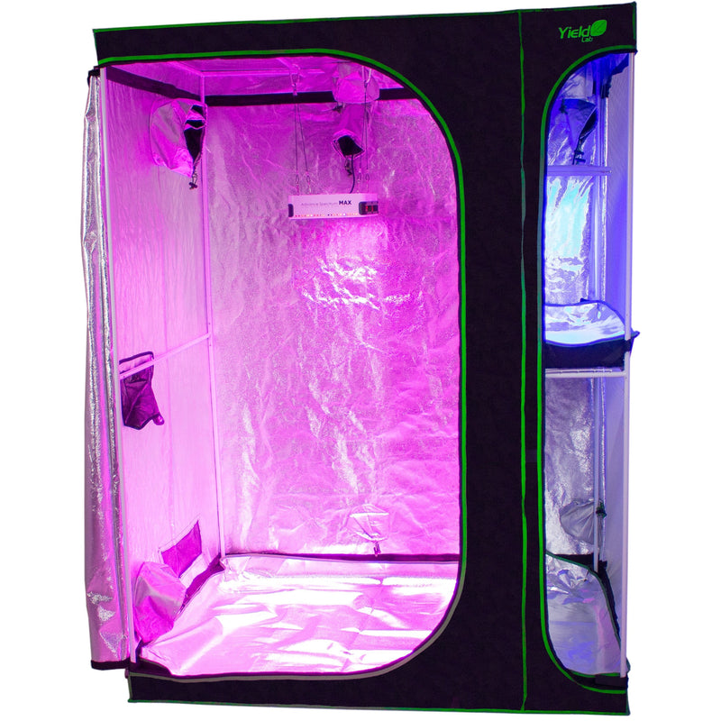 Yield Lab 60” x 48” x 80” 2-in-1 Full Cycle Reflective Grow Tent front with lights on