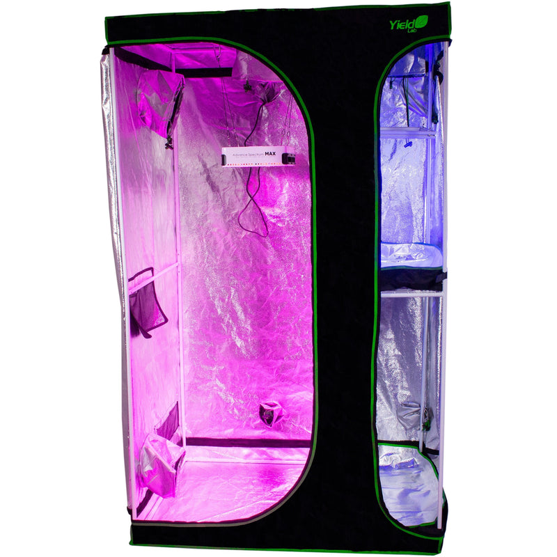 Yield Lab 48" x 36" x 80" 2-in-1 Full Cycle Reflective Grow Tent front open with lights on