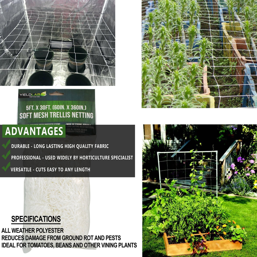 indoor plant netting Yield Lab 5ft. x 30ft Trellis Netting for Indoor Plant Support & Outdoor SCROG Gardens w/ Soft Mesh 6"x6" Squares for Plant Training (60" x 360")