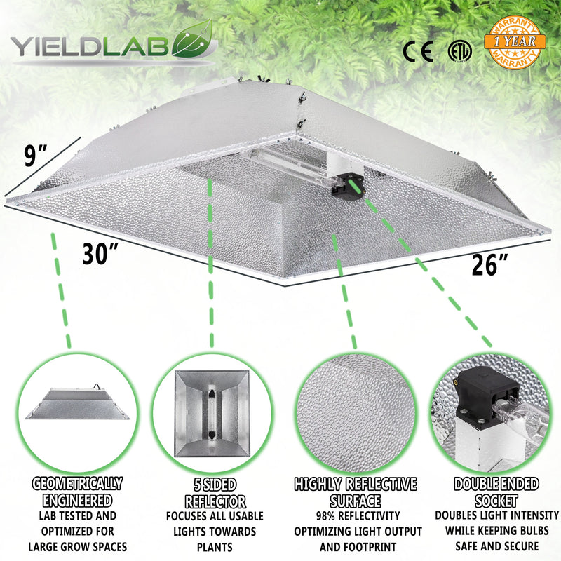 Yield Lab Pro Series 600W HPS+MH XXL Hood Double Ended Complete Grow Light Kit reflector features