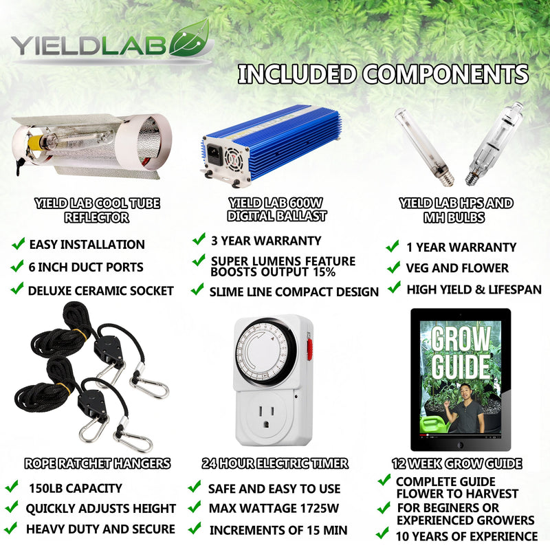 Yield Lab 600W HPS+MH Air Cool Tube Reflector Digital Grow Light Kit included components