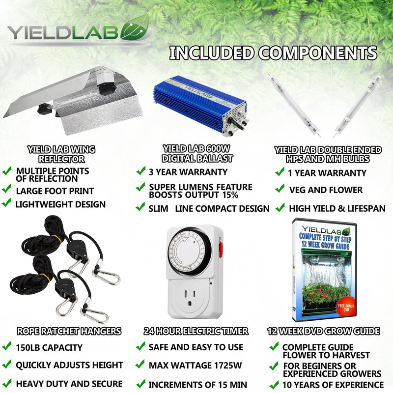 Yield Lab Pro Series 600W HPS+MH Double Ended Wing Reflector Complete Grow Light Kit included components