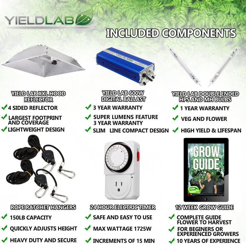 Yield Lab Pro Series 600W HPS+MH XXL Hood Double Ended Complete Grow Light Kit included components