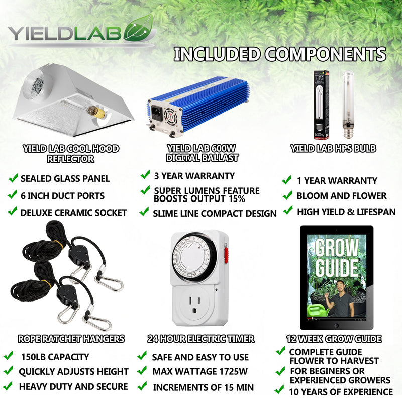 Yield Lab  600w HPS Air Cool Hood Reflector Digital Grow Light Kit included components