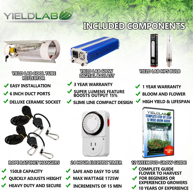 Yield Lab 600w HPS Air Cool Tube Digital Dimming Grow Light Kit included components