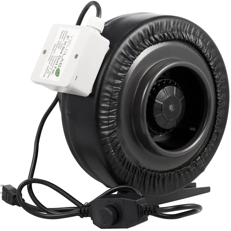 Climate Control Yield Lab 6 inch 440 CFM Duct Inline Fan with 6" Carbon Filter Ducting and Clamps fan angled